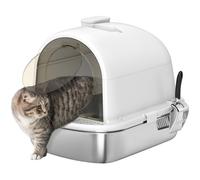 PawHut Arenero para Gatos de Acero Inoxidable con Cubierto Caja de Arena para Gatos Arenero con Bolsa Desodorizante Pala Fácil de Limpiar 52,4x41,3x39,9 cm Blanco