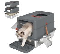 PawHut Arenero para Gatos de Acero Inoxidable con Tapa, XL 90 L, Cerrado, con Escalón, Pala, Laterales Altos y Doble Entrada Frontal y Superior, Fácil de Limpiar, 60 x 40 x 40 cm, Gris Oscuro