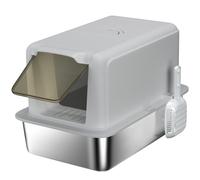 PawHut Arenero para Gatos de Acero Inoxidable Grande con Tapa Cerrado con Pala Escalón Arena Fácil de Limpiar Antiolor Gris