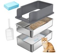 PawHut Arenero para Gatos de Acero Inoxidable L con Bandeja de Tamizado | Caja de Arena, Borde Alto, Pala, 10 Empapadores, Pellets de Pino +6 mm, Fácil Limpiar, Antifugas, Antiadherente, Gris Oscuro