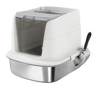 PawHut Arenero para Gatos de Acero Inoxidable L con Tapa Abatible Pala Metálica Bolsa Desodorizante Fácil de Limpiar Blanco