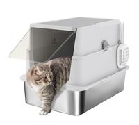 PawHut Arenero para Gatos de Acero Inoxidable XL Borde Alto Gris Claro | Caja de Arena Cerrada para Gatos Grandes, Arenero Extragrande con Tapa Abatible, Pala, Fácil de Limpiar, Antifugas