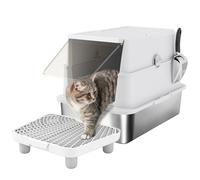 PawHut Arenero para Gatos de Acero Inoxidable XL, Caja de Arena Cerrada para Gatos Grandes, Arenero Extragrande con Tapa Abatible, Borde Alto, Pala Metálica, Fácil Limpiar, Antifugas, Gris Claro Gris
