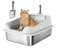PawHut Arenero para Gatos de Acero Inoxidable XL, Caja de Arena para Gatos, Arenero con Borde Alto, Pala Metálica, Fácil de Limpiar, Prueba de Fugas, 60,2x40,2x29,7 cm, Gris