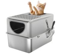 PawHut Arenero para Gatos de Acero Inoxidable XL Caja de Arena para Gatos Arenero con Pala Aberturas Dobles Fácil de Limpiar Plata