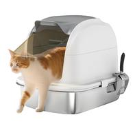PawHut Arenero para Gatos de Acero Inoxidable XL, Caja de Arena para Gatos, Arenero con Tapa Abatible, Laterales Altos, Entrada Superior, Pala, sin Olores, Fácil de Limpiar, Antifugas, Blanco