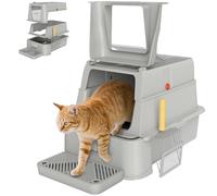 PawHut Arenero para Gatos de Acero Inoxidable XL, Caja de Arena para Gatos, Arenero con Tapa Abatible 180°, Laterales Altos, Pedal, Pala, sin Olores, Fácil de Limpiar, Antifugas, Gris Claro