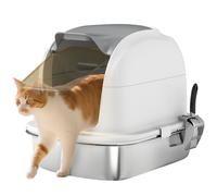 PawHut Arenero para Gatos de Acero Inoxidable XL, Caja de Arena para Gatos, Arenero con Tapa Abatible, Laterales Altos, Entrada Superior, Pala, sin