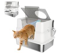 PawHut Arenero para Gatos de Acero Inoxidable XL Caja de Arena para Gatos Grandes Arenero con Tapa Abatible Laterales Altos Entrada Superior Pala sin