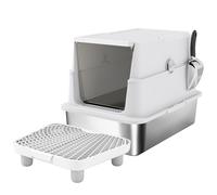 PawHut Arenero para Gatos de Acero Inoxidable XL Cerrado con Tapa Abatible Borde Alto Pala Metálica Antifugas Gris Claro
