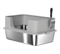 PawHut Arenero para Gatos de Acero Inoxidable XL con Borde Alto Pala Fácil de Limpiar Prueba de Fugas 60x40x29,5 cm Gris