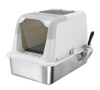 PawHut Arenero para Gatos de Acero Inoxidable XL con Tapa Abatible Caja de Arena Cerrada Borde Alto 2 Entradas Pala Metálica