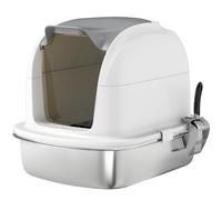 PawHut Arenero para Gatos de Acero Inoxidable XL con Tapa Abatible Laterales Altos Entrada Superior Pala Blanco
