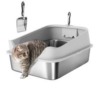 PawHut Arenero para Gatos de Acero Inoxidable XXL Caja de Arena para Gatos Arenero con Borde Alto Pala Fácil de Limpiar Prueba de Fugas 70x50x30 cm Gris