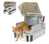 PawHut Arenero para Gatos de Acero Inoxidable XXL, Caja de Arena para Gatos Grandes, Arenero con Tapa Abatible, Laterales Altos, Entrada Superior, Pala, sin Olores, Fácil de Limpiar, Antifugas, Gris