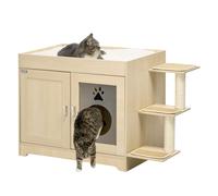 PawHut Arenero para Gatos de Madera con 2 Puertas Mueble Arenero para Gatos con Cama Cojín Suave 3 Plataformas y Postes de Sisal 107x54x70 cm Roble