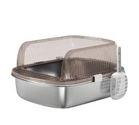 PawHut Arenero para Gatos Cubierto Cerrado con Bandeja de Acero Inoxidable Bordes Altos Pala y Zona para Caída de Arena Gris Gris Carbón 53x42x27 cm