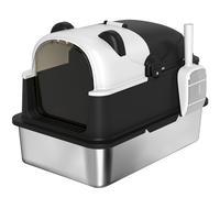 PawHut Arenero para Gatos Grandes Cubierto XL de Acero Inoxidable con Tapa Abatible Pala Bolsa Desodorante Diseño Panda Negro Aosom España
