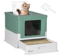 PawHut Arenero para Gatos Plegable Bandeja Extraíble Tapa Verde y Blanco | Caja de Arena para Gatos, Pala, Fácil de Limpiar, Control de Olores, Antichapotones, para Raza Pequeña y Mediana