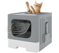 PawHut Arenero para Gatos Plegable, M, Caja de Arena para Gatos con Tapa Enrejada, Bandeja Extraíble, Pala, Gancho Lateral, Fácil de Limpiar, Antifugas, Control de Olores, Gris