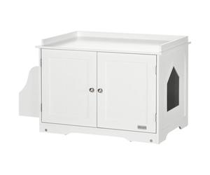 PawHut armario para bandeja sanitaria, bandeja sanitaria con puertas magnéticas, casita para gatos con tabique ajustable, cueva para gatos con gran espacio de almacenamiento, mesa auxiliar, blanco, 86