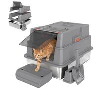 PawHut Bandeja Arena Gatos XXL Tapa abatible 180°, 70x50x43cm, Gris | Bandeja de arena para gatos de acero inoxidable 130L, paredes altas, pala, escalón, hasta 10 kg por gato.