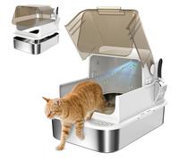 PawHut - Bandeja de arena para gatos cerrada de acero inoxidable, casa de aseo para gatos con pala, tapa abierta, antifugas y fácil limpieza, 70 x 50 x 46,5 cm, color blanco