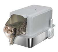 PawHut Bandeja Sanitaria Cerrada para Gatos con Bandeja de Acero Inoxidable, Pala y Bolsas filtrantes, Arena para Gatitos de PP, 40,5 x 60,5 x 41,5 cm, Gris y Plateado