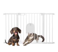 PawHut Barrera de Seguridad para Perros Extensible 75-131 cm, para Puertas y Escaleras, Barrera para Perros con Puerta Pequeña, 3 Extensiones, Montaje a Presión y Doble Bloqueo, Blanco