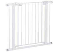 PawHut Barrera de Seguridad de Perros Extensible para Escaleras y Puertas 76-97 cm con 2 Extensiones de 7 cm Cierre Automático y Marco Metálico Altura 76 cm Blanco