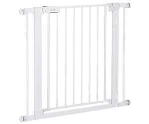 PawHut Barrera de Seguridad de Perros Extensible para Escaleras y Puertas 76-97 cm Valla para Perros con 2 Extensiones de 7 cm Cierre Automático y Marco Metálico Altura 76 cm Blanco