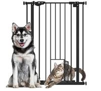 PawHut - Barrera de seguridad para animales de 104 cm, con puerta de cierre automático, sistema de doble bloqueo sin perforación, 74 a 80 cm, acero negro