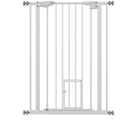 PawHut Puerta de Seguridad para Animales 104H cm con Puerta de Cierre automático Sistema de Bloqueo Doble sin taladrar de 74 a 80 cm Acero Blanco