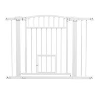 PawHut - Barrera de seguridad para perro extensible 76-104 x 77 cm, barrera de escalera y puertas con sistema de doble bloqueo, montaje por presión o perforación, barrera de perro y gato, color blanco