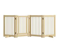 PawHut Barrera de Seguridad para Perros de Madera Plegable, para Escaleras y Puertas, Valla para Perros Pequeños y Medianos de 4 Paneles, con Soporte de Pie, para Interiores, 204x36x75 cm, Natural