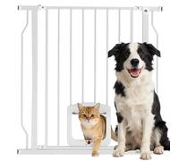 PawHut Barrera de Seguridad para Perros Extensible 75-85 cm, para Puertas y Escaleras, Barrera para Perros con Puerta Pequeña, Montaje a Presión, Doble Bloqueo, Blanco