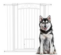 PawHut Barrera para Perros con Cierre Automático, Puerta para Perros 76-104 cm, Barrera de Seguridad con 2 Extensiones 7/14 cm, Fácil Montaje, Doble Bloqueo, para Escaleras y Puertas, Blanco