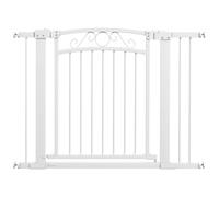 PawHut Barrera para Perros con Cierre Automático, Puerta para Perros 76-104 cm, Barrera de Seguridad con 2 Extensiones 7/14 cm, Fácil Montaje, Doble Bloqueo, para Escaleras y Puertas, Blanco