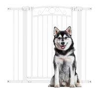 PawHut Barrera para Perros con Cierre Automático, Puerta para Perros 76-104 cm, Barrera de Seguridad con 2 Extensiones 7/14 cm, Fácil Montaje, Doble Bloqueo, para Escaleras y Puertas, Blanco