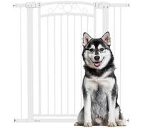 PawHut Barrera para Perros con Cierre Automático, Puerta para Perros 76-104 cm, Barrera de Seguridad con 2 Extensiones 7/14 cm, Fácil Montaje, Doble Bloqueo, para Escaleras y Puertas, Blanco
