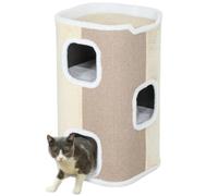 PawHut Barril rascador 74cm 3 Pisos para Gatos pequeños Beige+Blanco | Barril para gatos con cojín, borde de felpa, cueva para gatos, poste rascador