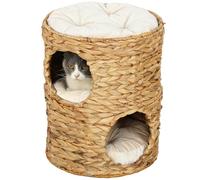 PawHut Barril rascador alto 50 cm, 2 cuevas, rascador cojín, torre agua, para gatos hasta 3,5 kg, marrón claro