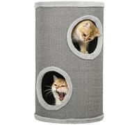 PawHut Barril rascador de 60 cm de alto, 35 cm de diámetro, 2 pisos con 2 cuevas, árbol rascador con borde de felpa, torre para gatos de 1 a 2 gatos de hasta 5 kg, gris claro