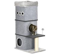 PawHut Barril Rascador para Gatos de 3 Niveles Altura 102 cm Torre para Gatos con Caseta de Fieltro Desmontable Poste de Sisal Cama y Bola de Juguete 60x40x102 cm Gris