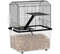 PawHut Cage Hamster, jaula roedor, 3 pisos, con ruedas, 2 plataformas y 2 escalera, C, alambre de acero, 57 x 43 x 74 cm, negro