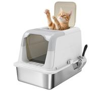 PawHut Caja de arena para gatos con tapa, pala para esparcir, bandeja de acero inoxidable, bandeja de arena para gatos con entrada delantera y salida superior, bolsa desodorante para gatos de hasta 15