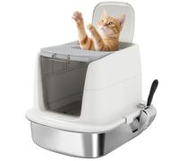 PawHut Caja de arena para gatos con tapa, pala para esparcir, bandeja de acero inoxidable, con filtro difusor, bolsa desodorante, para gatos de hasta 5 kg, color blanco