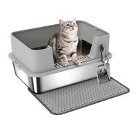 PawHut Caja de arena XL de acero inoxidable, casa sanitaria para gatos grandes, fácil limpieza con paredes laterales altas, escalón antideslizante, cuero, 60.2x40.2x29.5 cm, gris