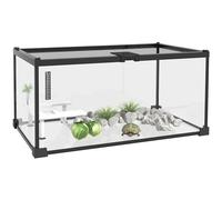 PawHut Caja para reptiles Acuario de tortugas Hábitat de terrario con cubierta deslizable Malla metálica Termómetro Plataforma con rampa, palmeras decorativas y comedero incluido Vidrio