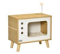 Pawhut Cama Cueva de Gatos Estilo Televisor Casa para Gatos con Cojín Suave Lavable Bola Divertida y Patas Elevadas 50x28x43 cm Roble